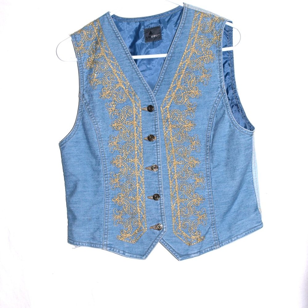 Liz Wear Blue Vest With Gold Embroidery And Glitter Women Size Petite